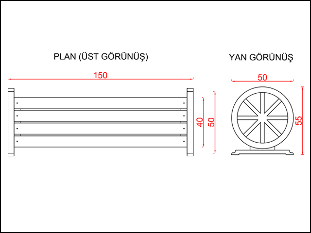 Ahşap Oturma Bankları / Metal Ayak Bank 150(L)x40(W)x45(H) - 70642 Teknik Resim